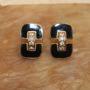TRIFARI Earrings Vintage Black Enamel Rhinestone Gold Tone Art Deco Signed 1980s